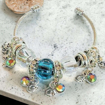 Crescent Moon Star Euro Cuff Bangle, Silver