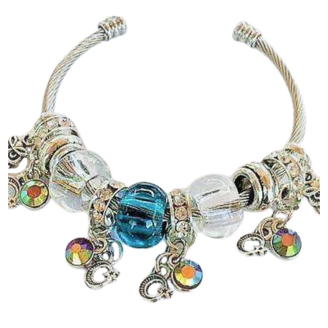 Crescent Moon Star Euro Cuff Bangle, Silver