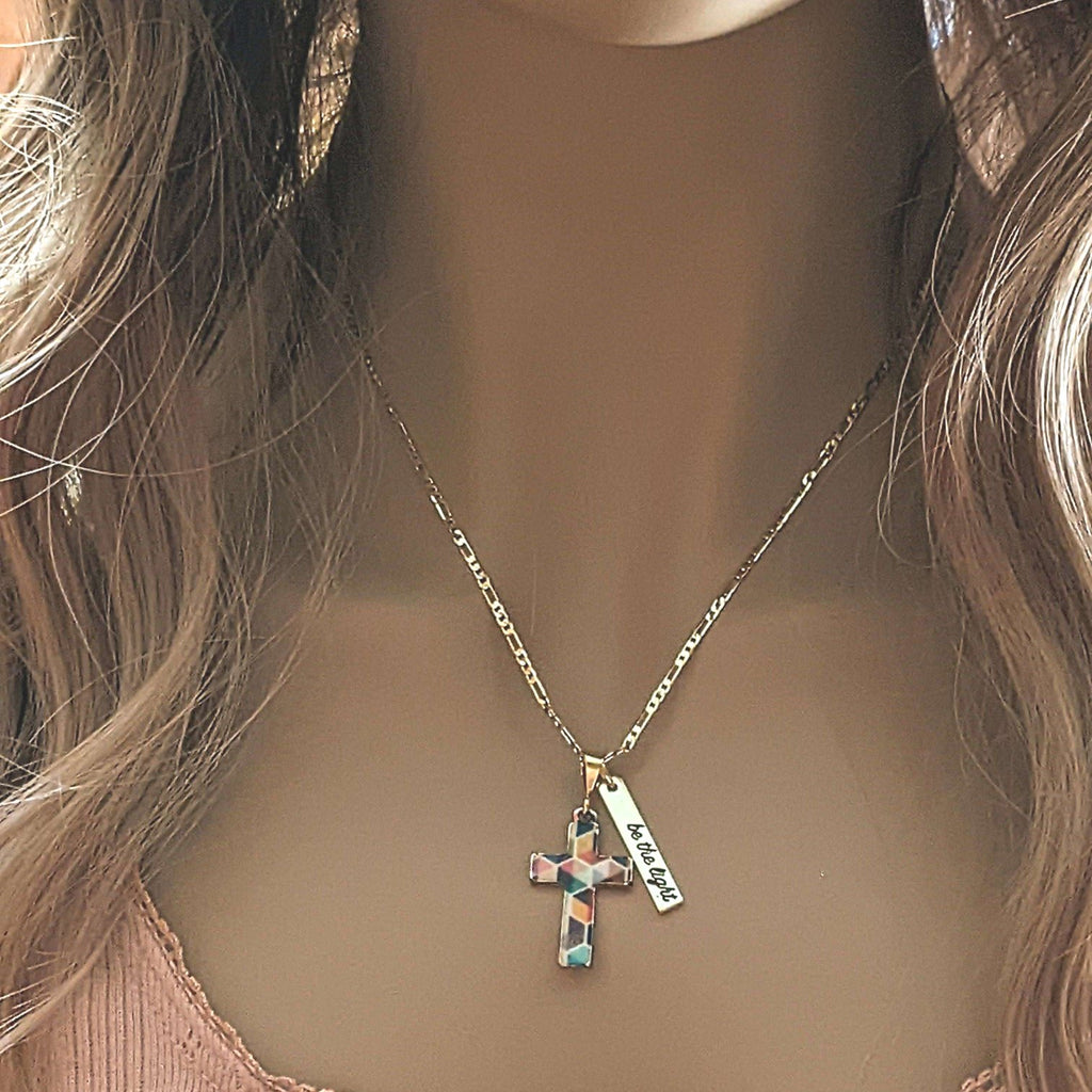 Colorful Cross Be the Light Layered Necklace Set
