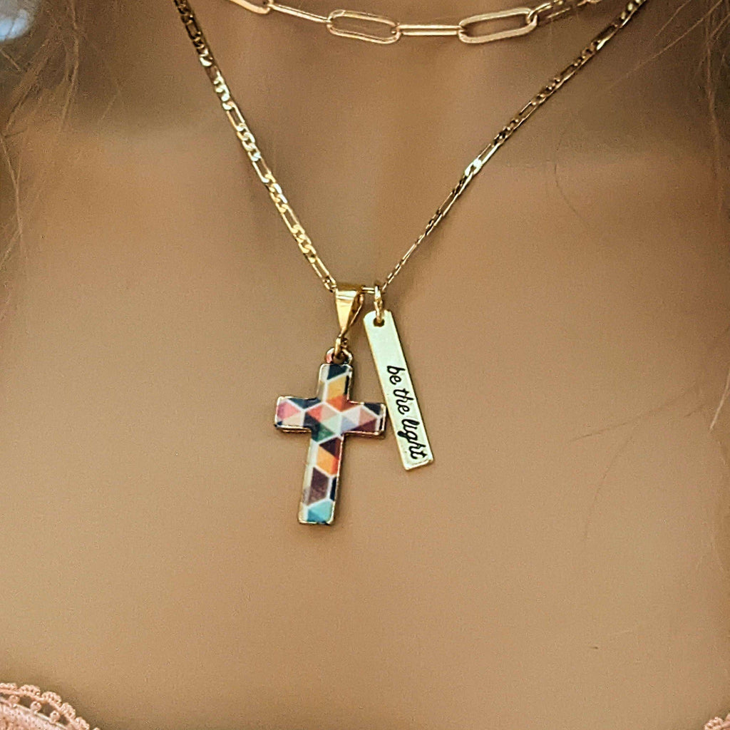 Colorful Cross Be the Light Layered Necklace Set