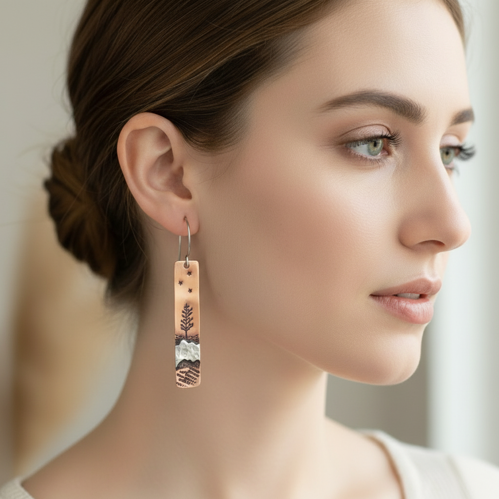 Copper Tree and River Dangle Earrings