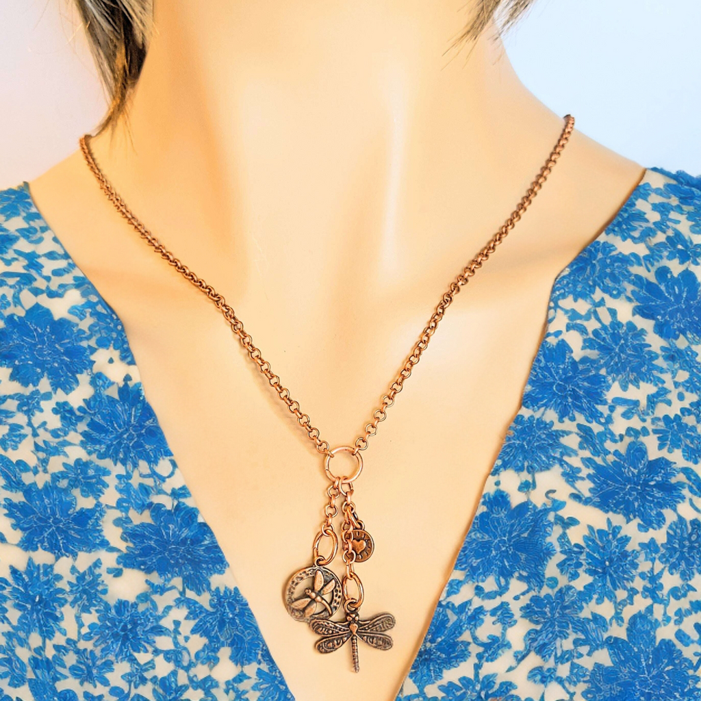 Dragonfly Copper Charm Keeper Necklace, 18-24 inch