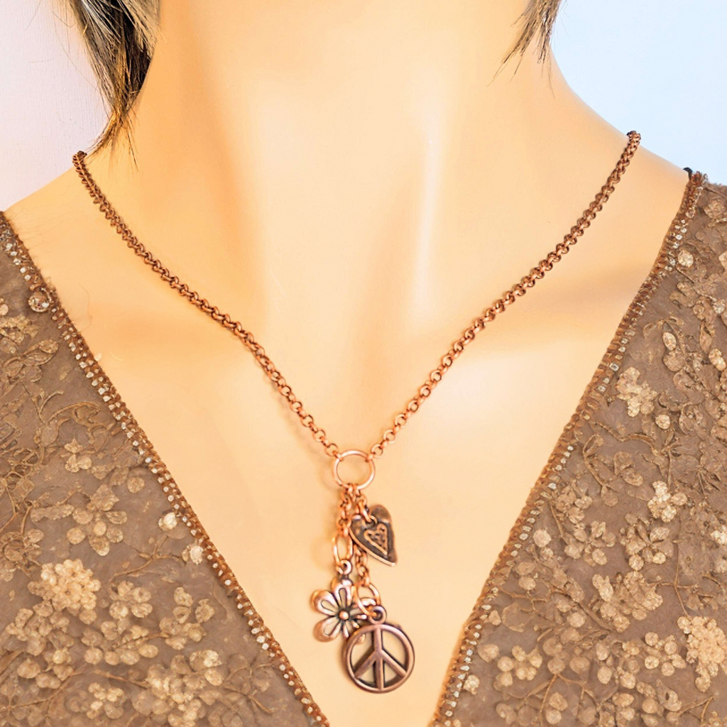 Peace Sign Copper charm cluster lariat necklace, 18-24 inch