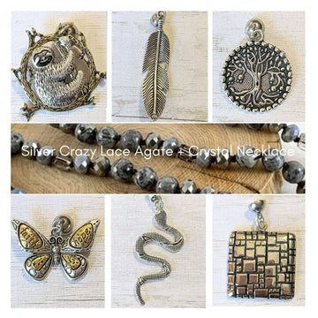 Crazy Lace Agate Semi-Precious Gemstone Necklace with Pendants- 60 inch Necklace & Interchangeable Pendants