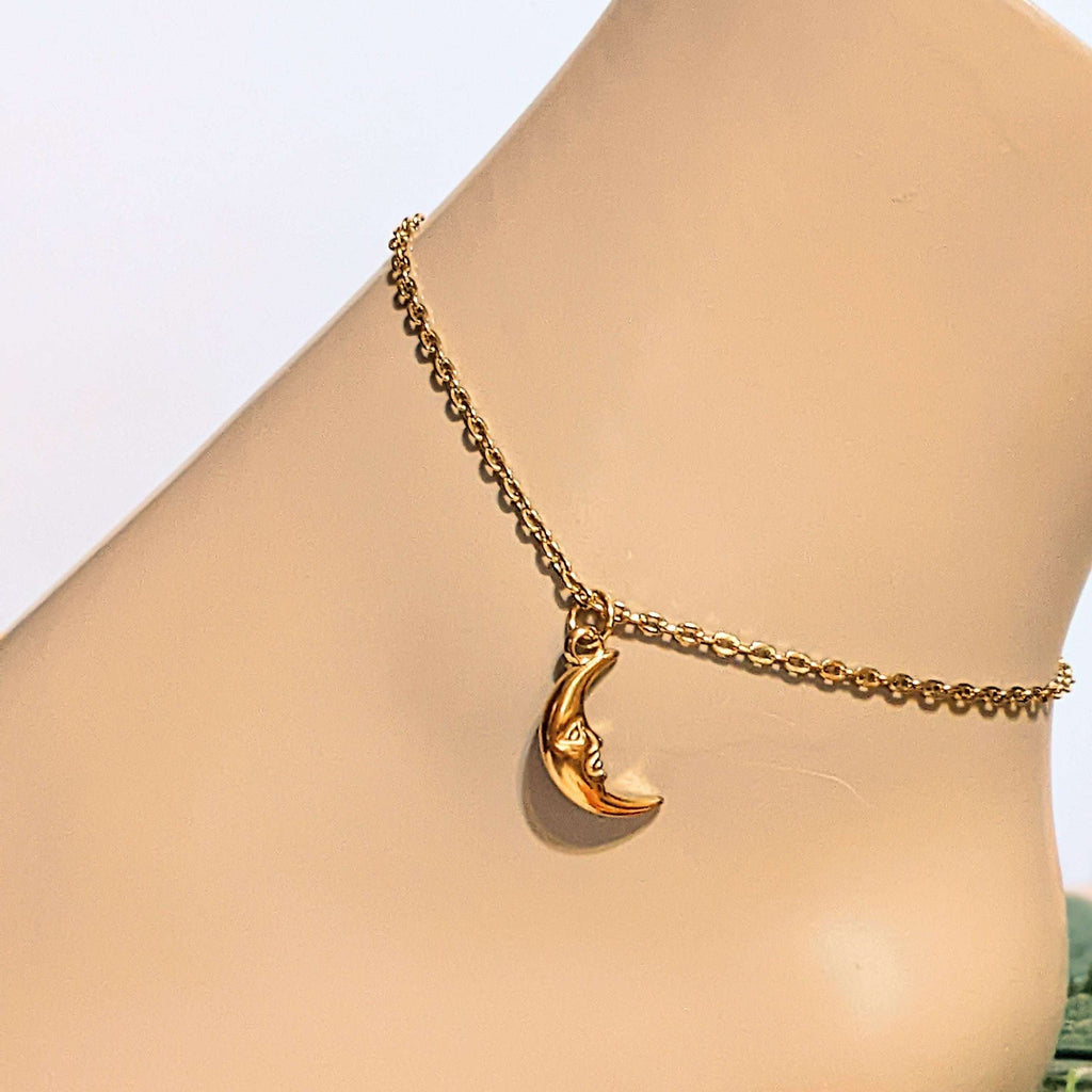 Crescent Moon Face Anklet -Gold