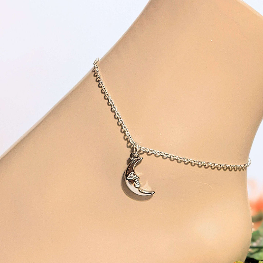 Crescent Moon Face Anklet -Silver