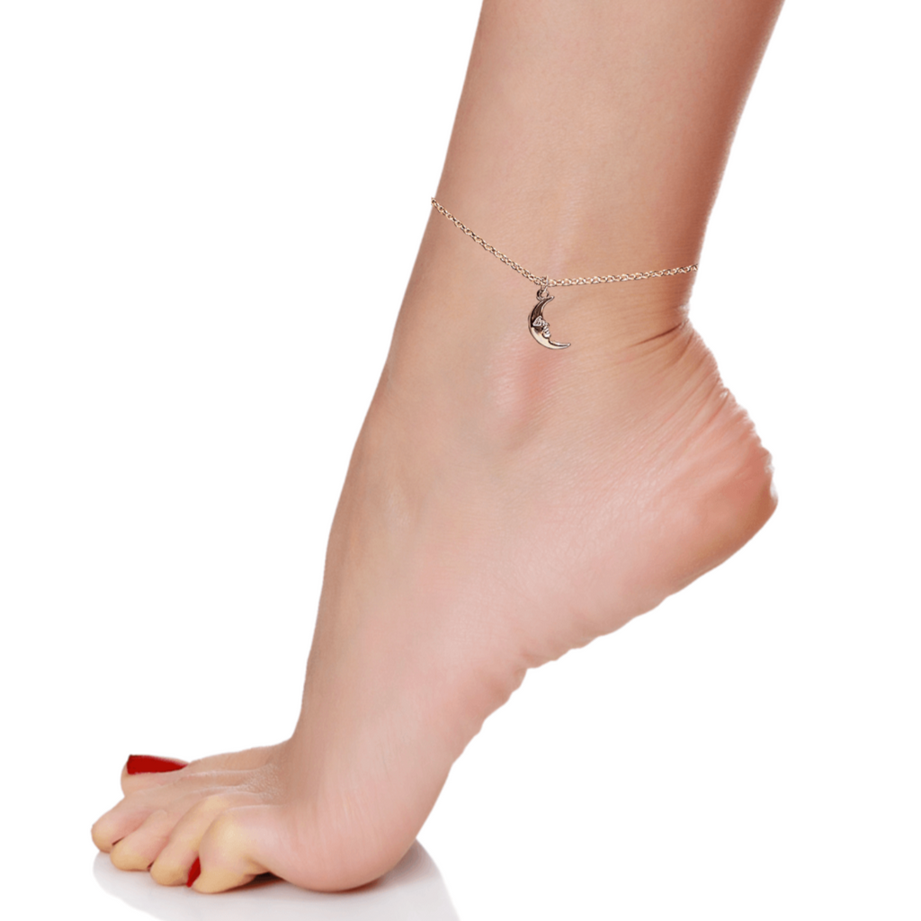 Crescent Moon Face Anklet -Silver
