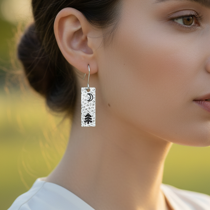 Crescent Moon Pine Tree Dangle Earrings