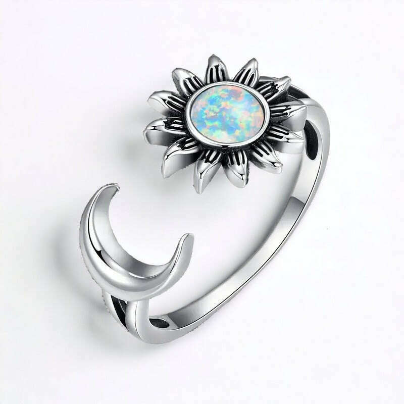 Crescent Moon Sun Opal Cuff Ring-Adjustable