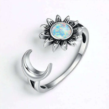 Crescent Moon Sun Opal Cuff Ring-Adjustable