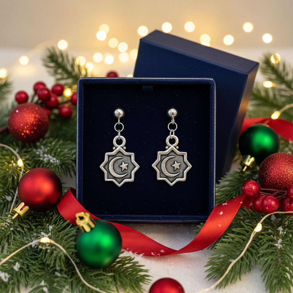 Crescent Moon/Star Charm Drop Stud Earrings-Silver