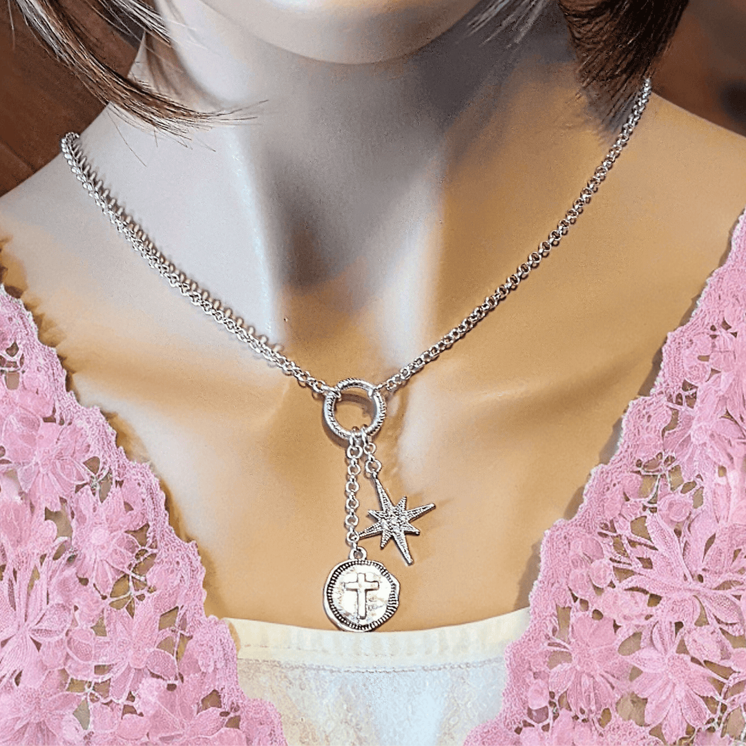 Cross North Star Charm Keeper Necklace - 18-24 inch