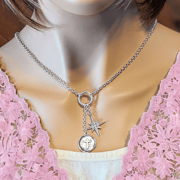 Cross North Star Charm Keeper Necklace - 18-24 inch