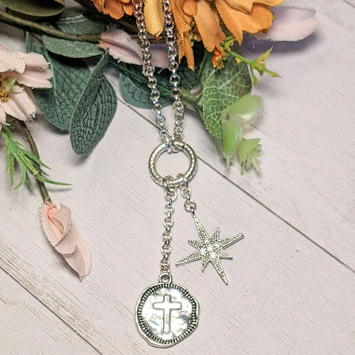 Cross North Star Charm Keeper Necklace - 18-24 inch