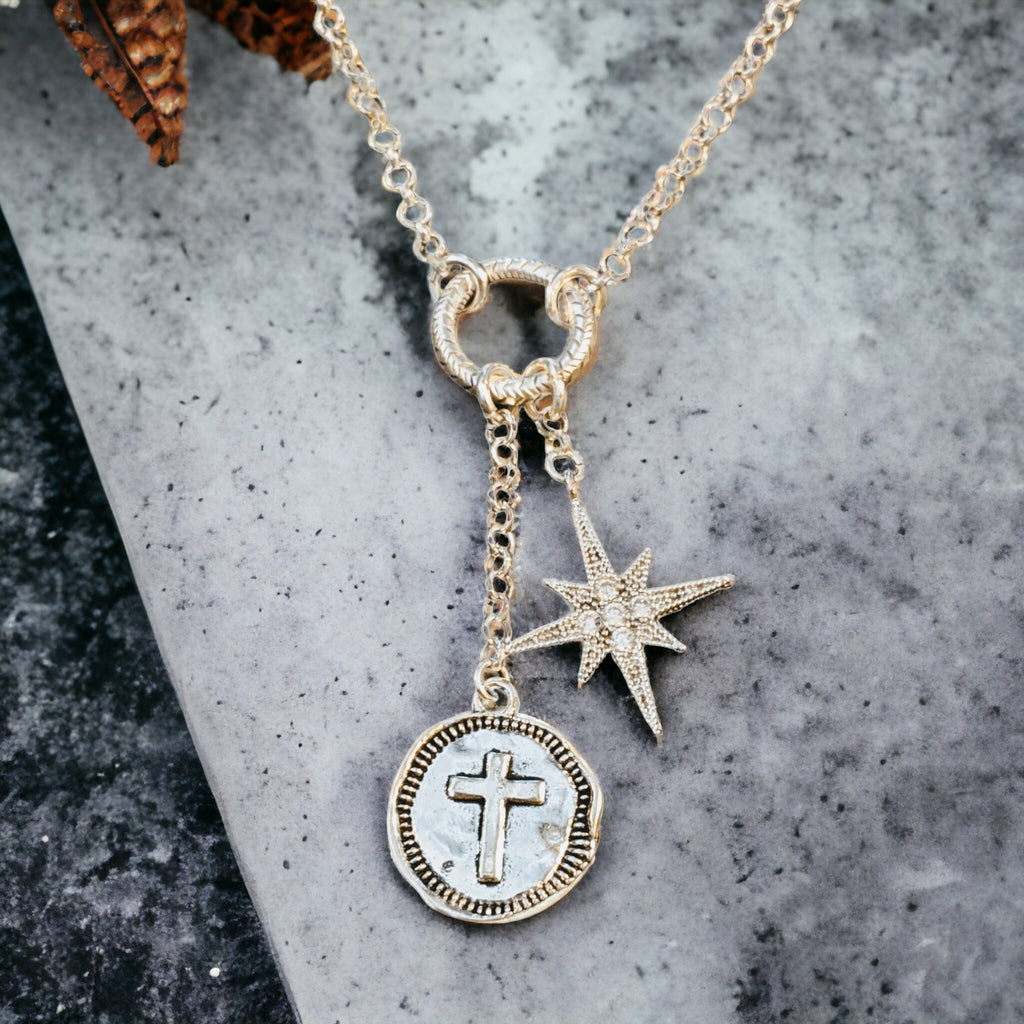 Cross North Star Charm Keeper Necklace - 18-24 inch