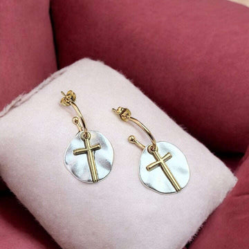 Cross Two-Tone Dangle Earrings