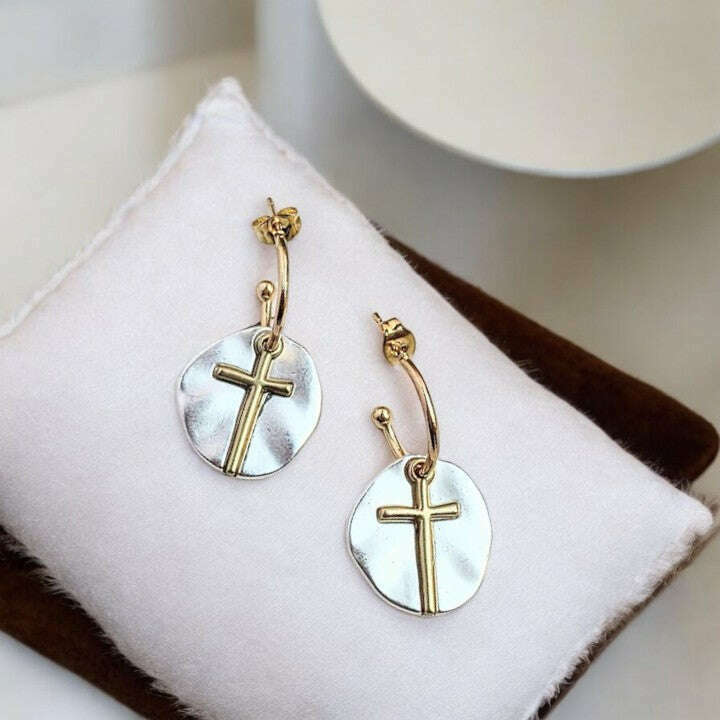 Cross Two-Tone Dangle Earrings