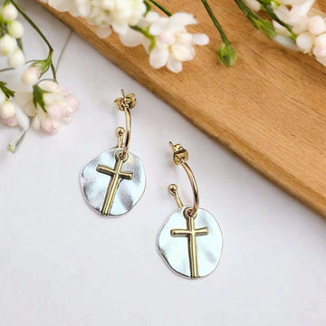 Cross Two-Tone Dangle Earrings
