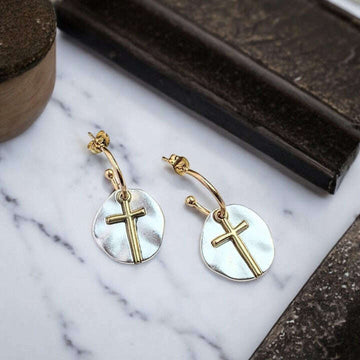 Cross Two-Tone Dangle Earrings