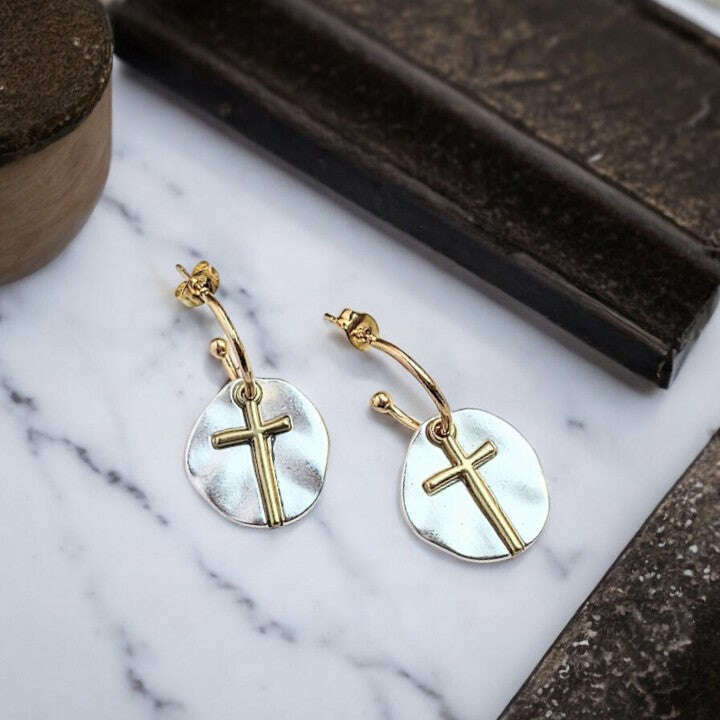 Cross Two-Tone Dangle Earrings