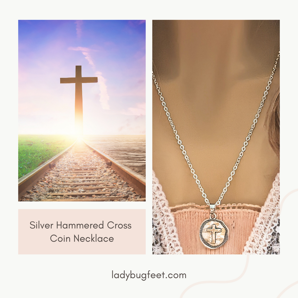 Silver Hammered Cross Coin Necklace- 24 inch