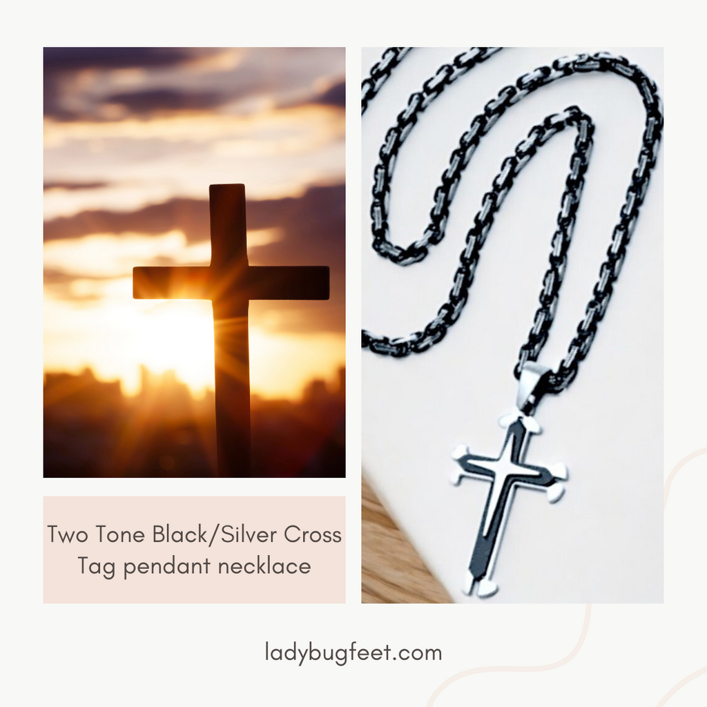 Two Tone Black/Silver Cross Tag pendant necklace, Men's Stainless Steel necklace, 22 inches