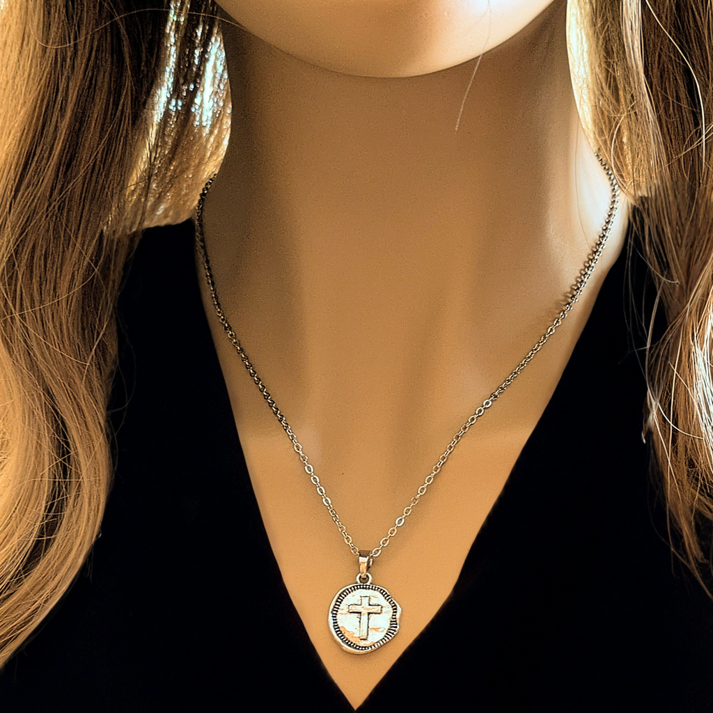 Hammered Cross Coin Necklace- Silver - 20 - 24 inch