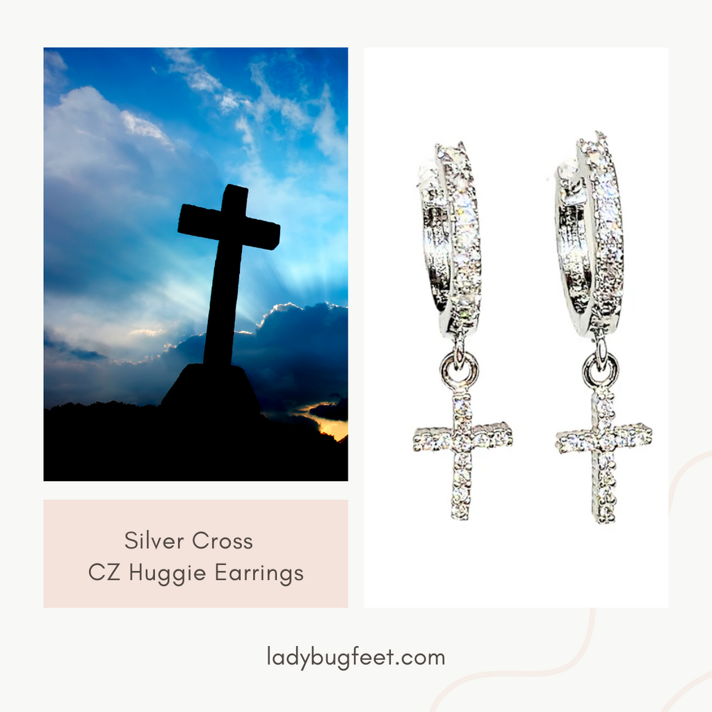 Silver Cross CZ Huggie Hoop earrings, 15mm Hoop Drop