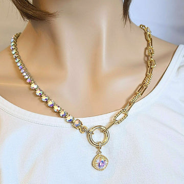Crystal & Gold Snap Ring Necklace - 24 inch