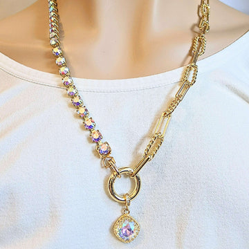 Crystal & Gold Snap Ring Necklace - 24 inch