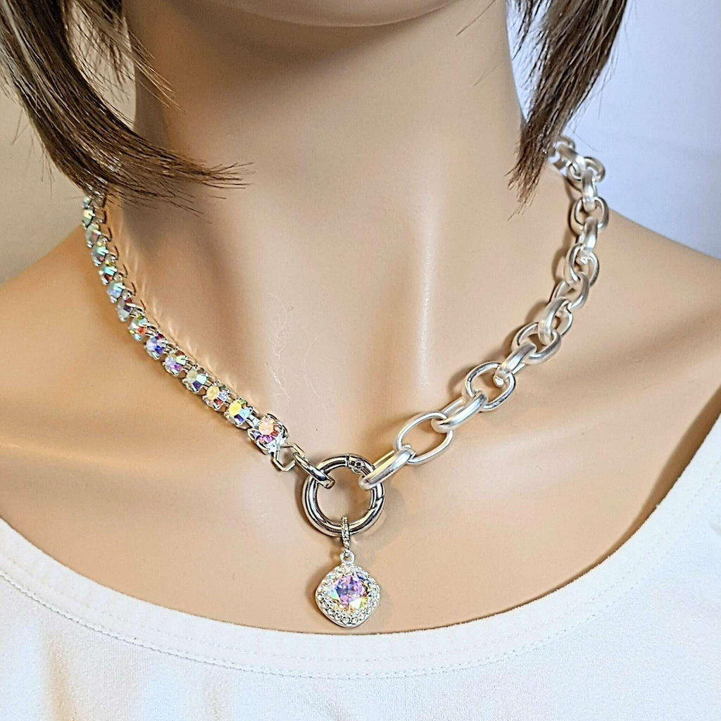 Crystal & Silver Snap Ring Necklace - 22 inch