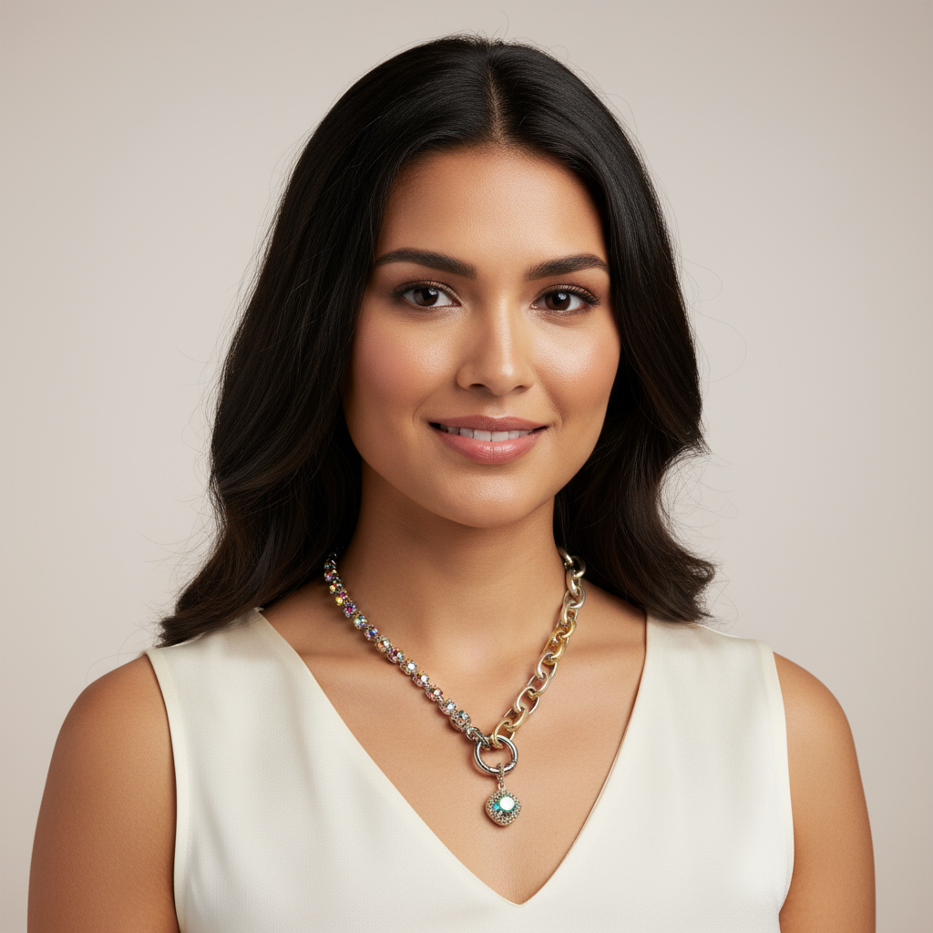 Crystal & Silver Snap Ring Necklace, Matte Silver - 22 inch