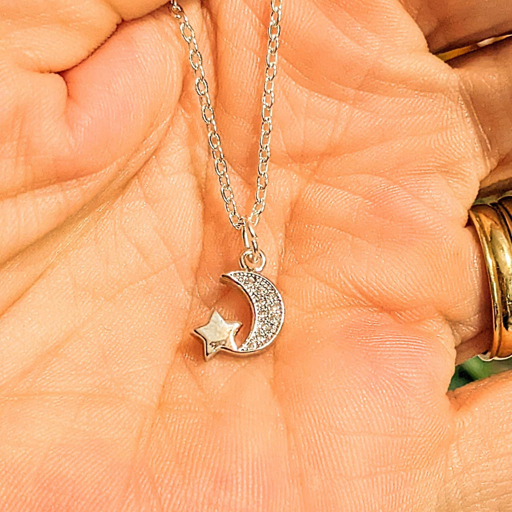 CZ Crescent Moon Star Anklet -Silver