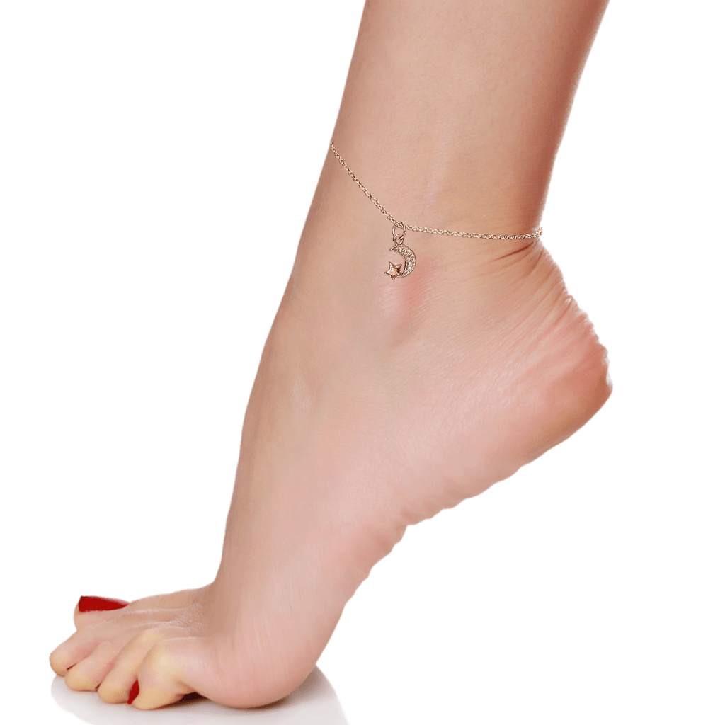 CZ Crescent Moon Star Anklet -Silver