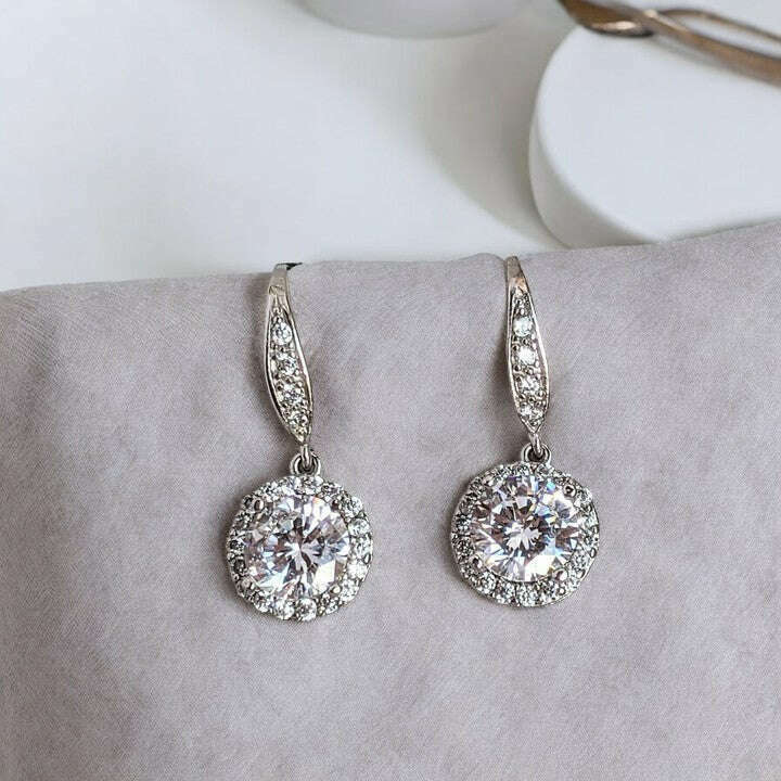 CZ Diamond Halo Earrings-APRIL Birthstone-Wedding Jewelry