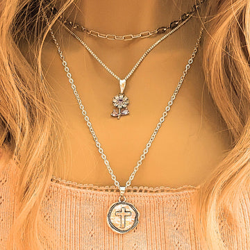 CZ Flower/Dragonfly Cross Layered Necklace Set