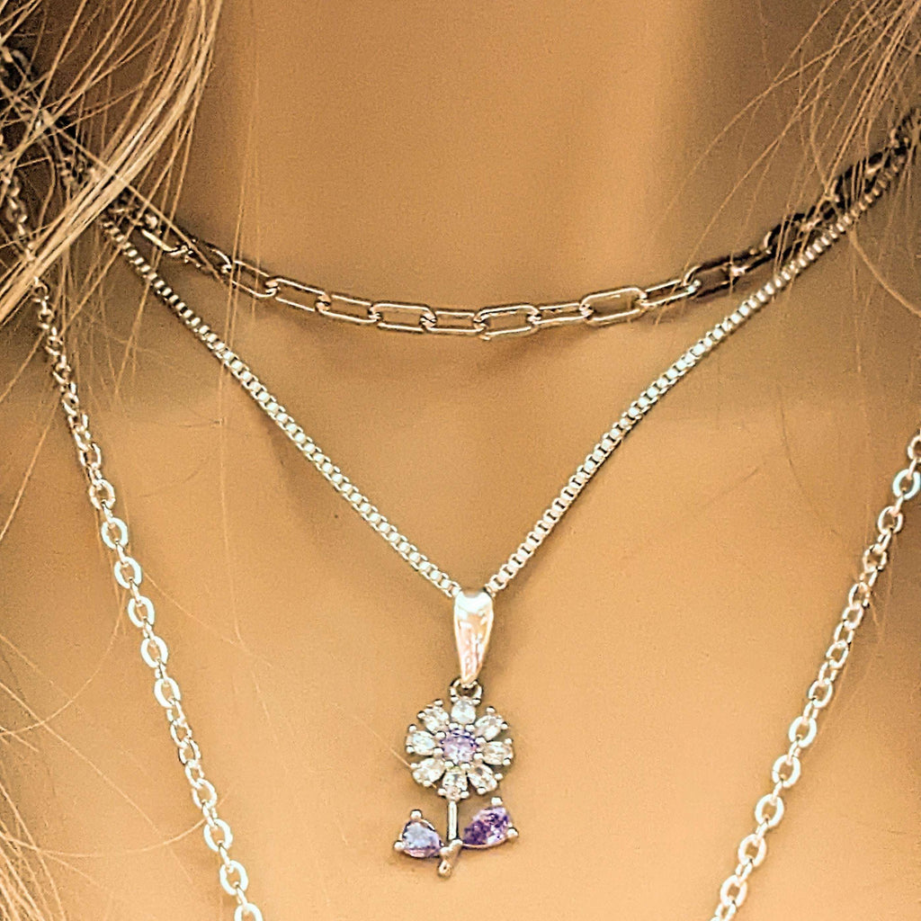 CZ Flower/Dragonfly Layered Necklace Set