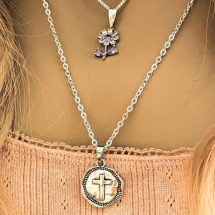 CZ Flower/Dragonfly Cross Layered Necklace Set