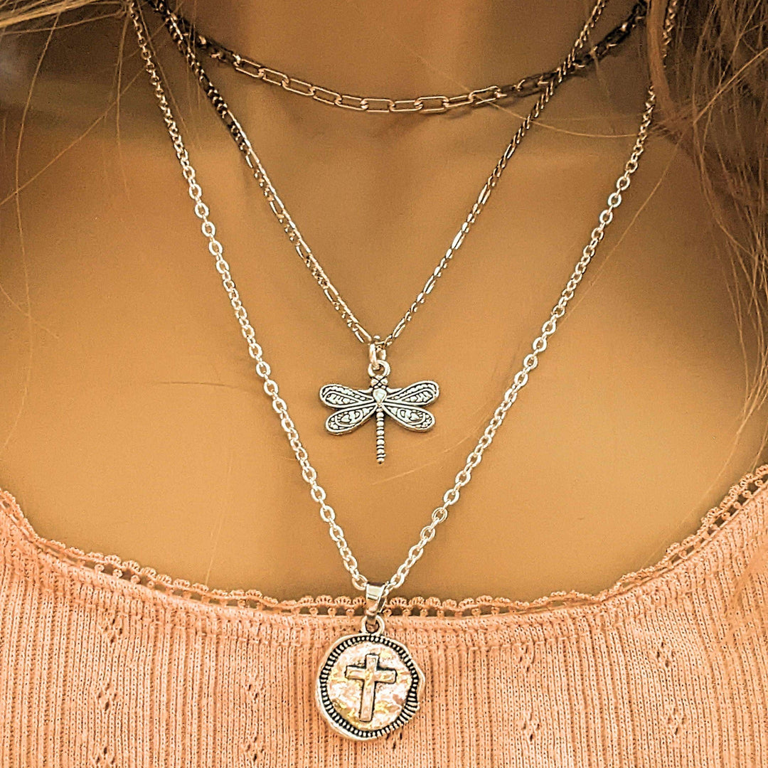 CZ Flower/Dragonfly Cross Layered Necklace Set
