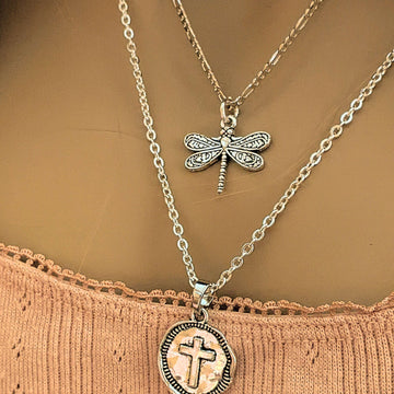 CZ Flower/Dragonfly Cross Layered Necklace Set