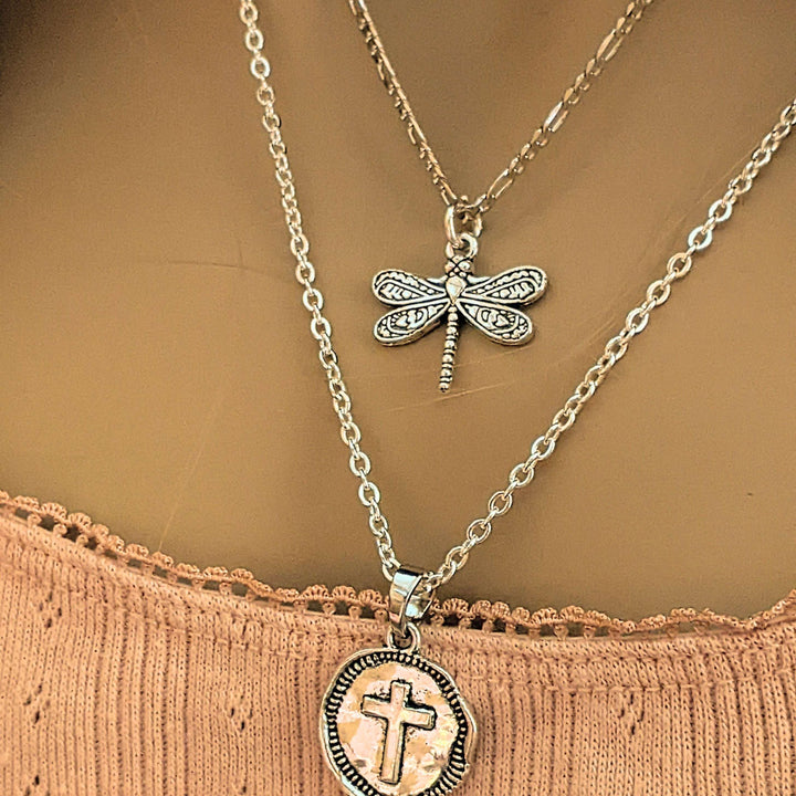 CZ Flower/Dragonfly Cross Layered Necklace Set