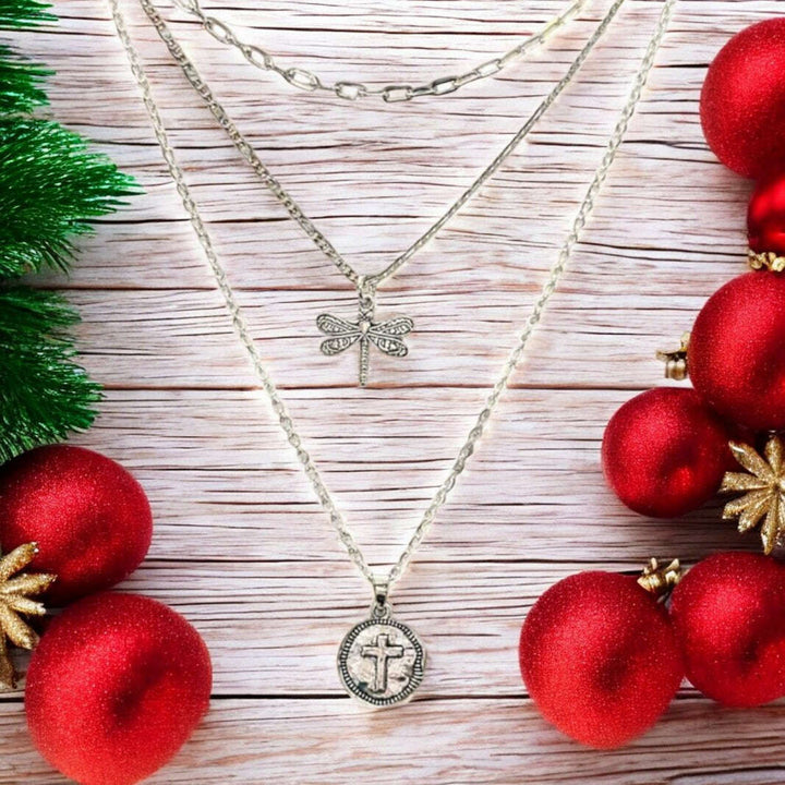 CZ Flower/Dragonfly Cross Layered Necklace Set