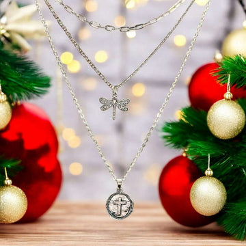CZ Flower/Dragonfly Cross Layered Necklace Set