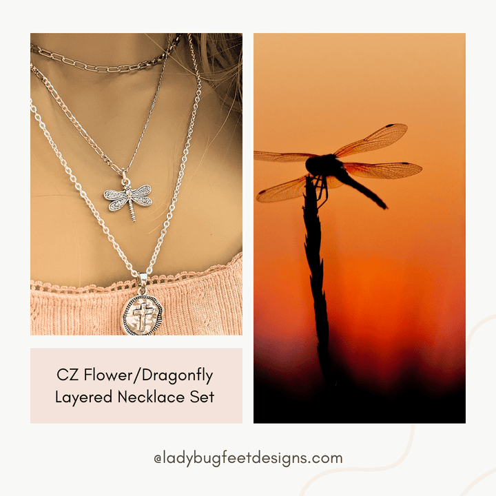CZ Flower/Dragonfly Cross Layered Necklace Set