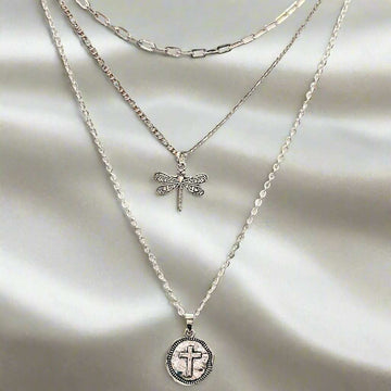CZ Flower/Dragonfly Cross Layered Necklace Set