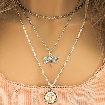CZ Flower/Dragonfly Cross Layered Necklace Set