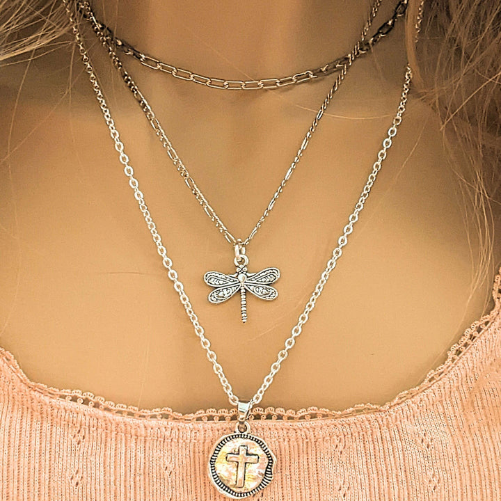 CZ Flower/Dragonfly Cross Layered Necklace Set