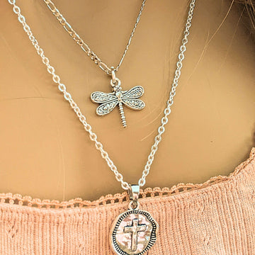 CZ Flower/Dragonfly Cross Layered Necklace Set
