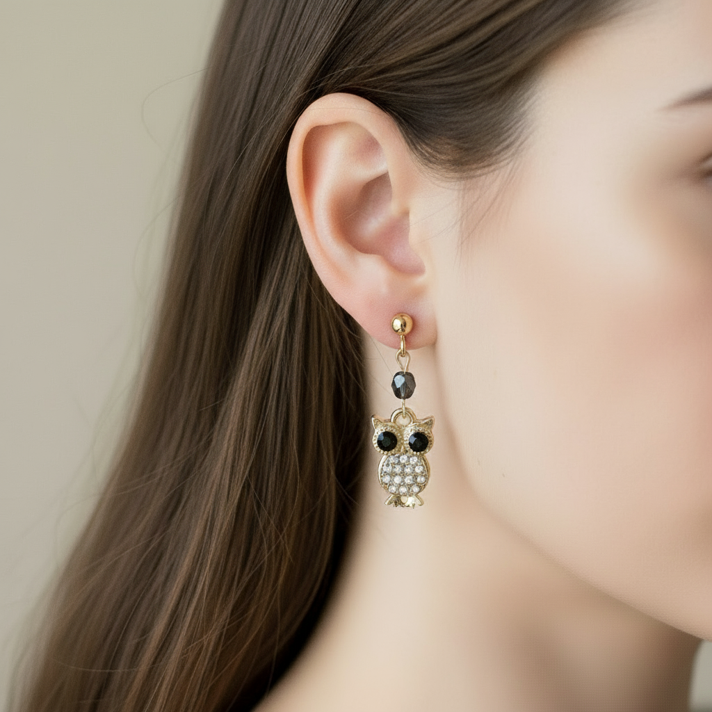 CZ Owl Charm Drop Stud Earrings-Gold