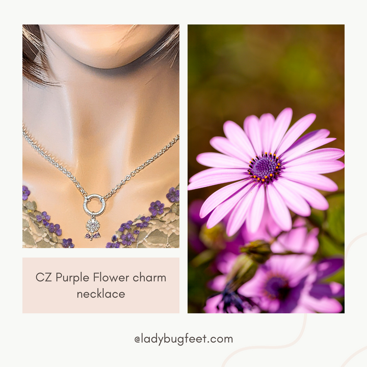 CZ Purple Flower charm necklace - 18-24 inch